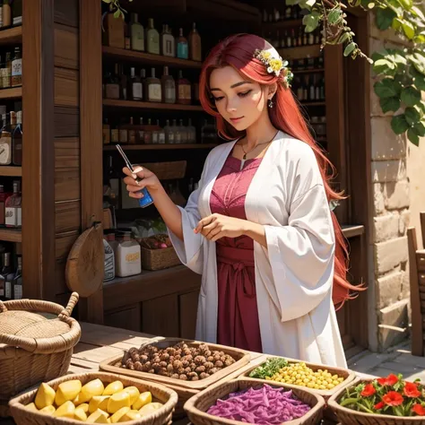 mulher, cabelos vermelhos, olhos verdes, maga, clérica, flower and potion seller , cabelos longos, cabelos alaranjados