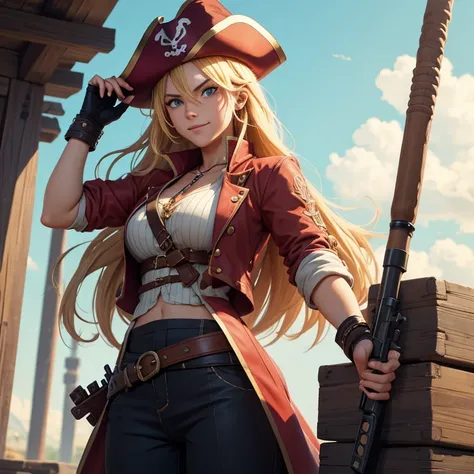 Produce an illustration of a daring buccaneering pirate of approximately 35 years old in anime style. She sports flowing blonde hair, wears an imposing pirate hat and holds typical pirate weapons in both hands. Destaque a personalidade destemida da persona...