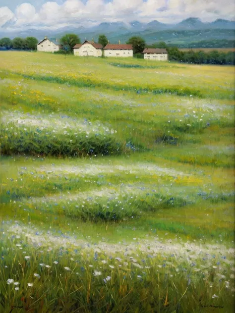 A landscape showing a flowery meadow and a big part of blue sky with beautiful white clouds. The light is not warm, oil painting
