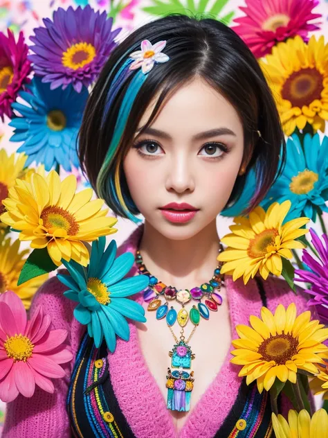 (8K, RAW photo:1.2),1 girl,(short hair:1.31),(8K, RAW photo:1.2),1 girl,((masterpiece, Highest_quality)), 1 girl, (realism:1.4), colorful flower theme:1.3), random colorful hair style, (random colorful flower eccentric clothed), (colorful flower art work t...