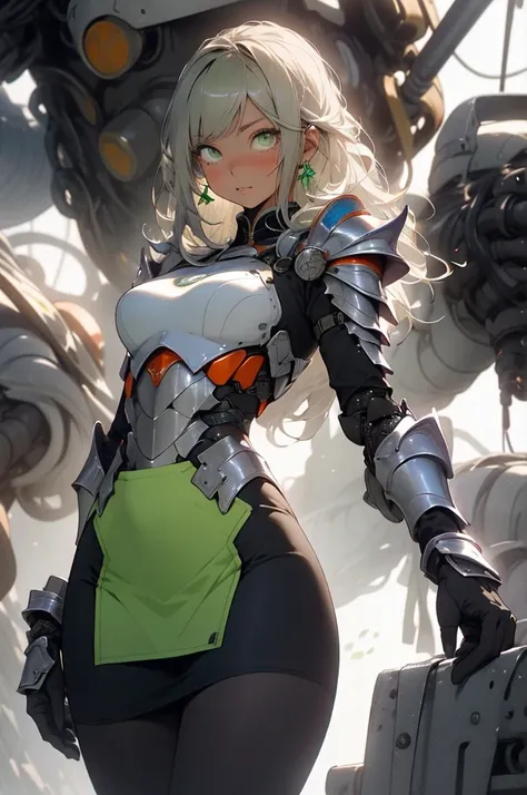 be realistic，（masterpiece，highest quality，highest quality，very detailed，fractal art，most detailed，（abstract background：1.5）（1 girl），Kamimei，（hair length），（green eyes shine、Breasts get bigger，stunned)，crystallization，sexy、machine armor、tanned skin、break、(bl...