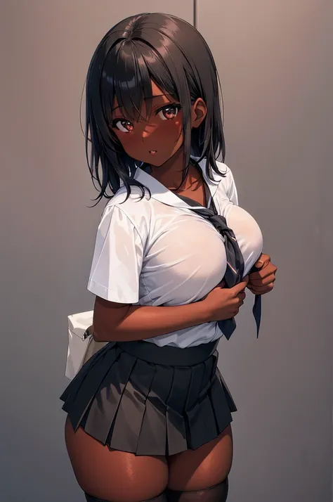 (8k ultra HD quality, best quality, work of art, high quality, perfect light, absurd, ultra detailed: 1.21,woman, alone, dark-skinned woman, black hair, dark skin, big breasts, sexy, Japanese school costume, portrait, black knee-high socks, sexy student, p...