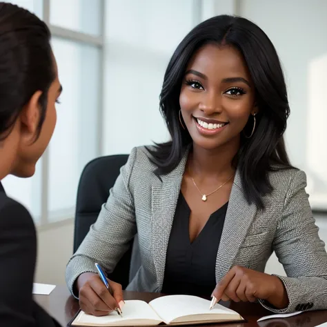 hay una mujer sonriendo muy elegante y atractiva, dark-skinned woman has a notebook and a pencil in her hand, ella esta entrevis...