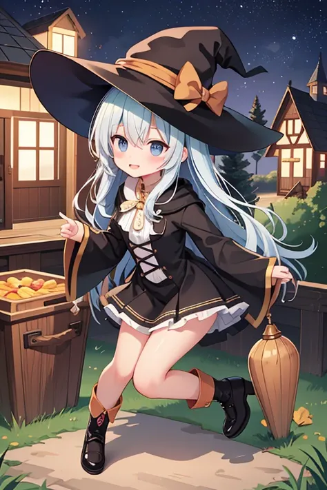 Cute witch in witchs outfit, detailed artwork, high resolution, (charming and adorable), wooden cabin background, 16K quality