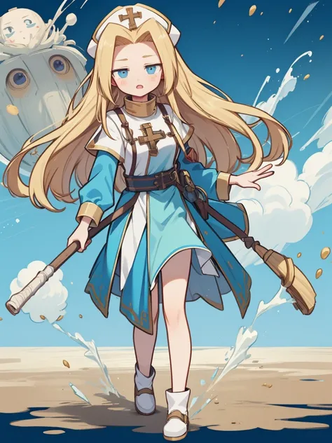 ((Mint Adnade from Tales of phantasia)), 1girl, solo, a priest, 18yo, blond long hair, ((straight hair)), deep blue eyes, Raising bangs, ((Forehead)), large tits, blue hat, ((blue long vestment)), have a oak cane, full body shot, she is spelling Healing ma...