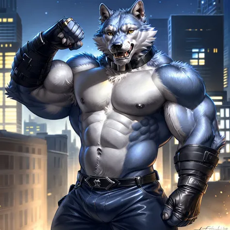 freddy, wolf, anthro body, wolf, (very muscular, heavyweight, biceps, abs, lats, sixpack, strong chest:1.2), male, masculine, 4k, high resolution, correct anatomy, (city background), (night:1.2), half body, (by taran fiddler, by rukis:1.0), correct lightin...