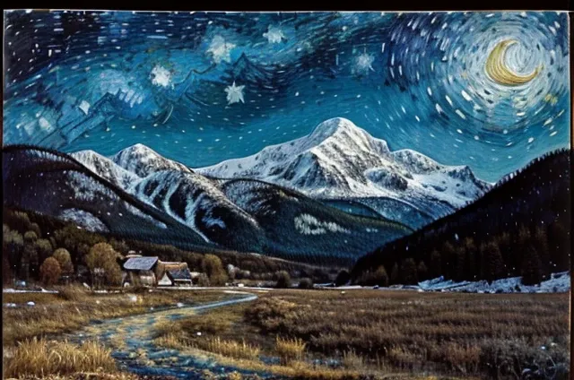 Photo of mountain and starry night, which make me feel like home. 4k (drawing) , Vincent van gogh, painting, nostalgia, 1990s