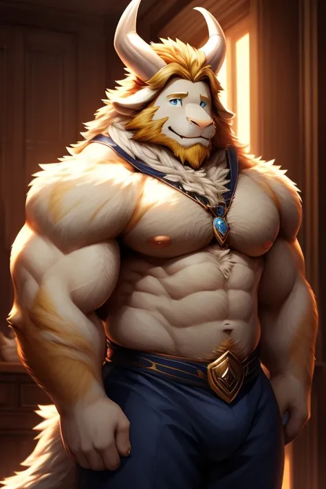 Undertale, solo ((Asgore Dreemurr))) with ((neck tuft)) and ((fluffy tail) and ((light navy blue eyes)), (detailed white goat x Asgore Dreemurr), (detailed lighting), ((detailed fluffy skin)), bara, massive body, (small goat tail), black horns color, ((ful...