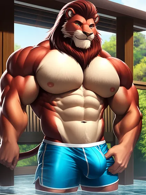 muscular old man soak in the onsen, shorts, furry, an anthro (burgundy lion), an anthto, a old man big muscular, happy expression, detailed face, face, detailed eyes, eyes, really big muscle, bigger muscle, very big muscular, over sized muscle, biggest mus...