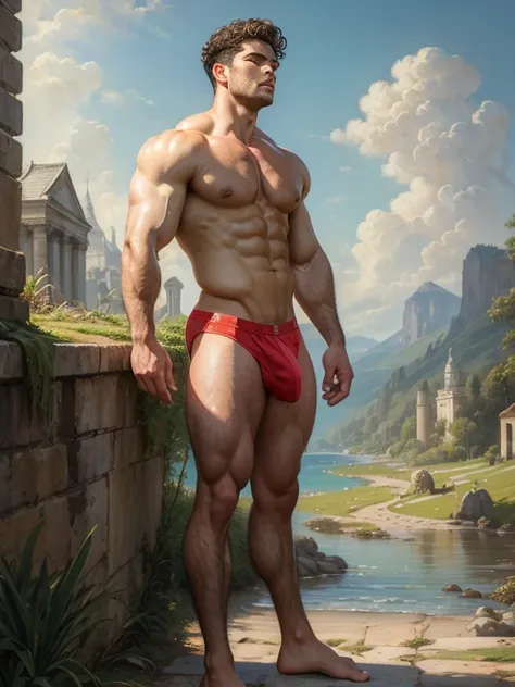 ((oil painting, masterpiece)), best quality, full body, a handsome muscular male, curly hair, shirtless, briefs, detailed face, side view, manly pose, classical painting, fine art painting, landscape background