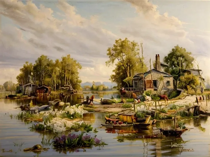 Oil painting, depicting a village scene on an island in the middle of a lake, a golden afternoon with sunlight, a spring sky filled with flowers and grass