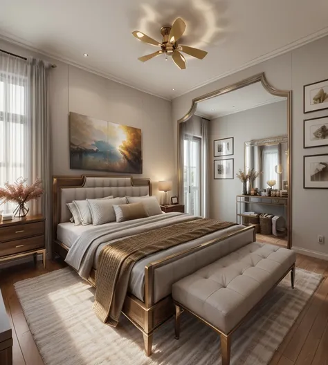 (modern style:1.2), To create a modern-style bedroom without a window, follow these interior design tips: use light colors for walls, bedding, and furniture; add statement lighting; use mirrors to reflect light and make the space feel open; incorporate low...