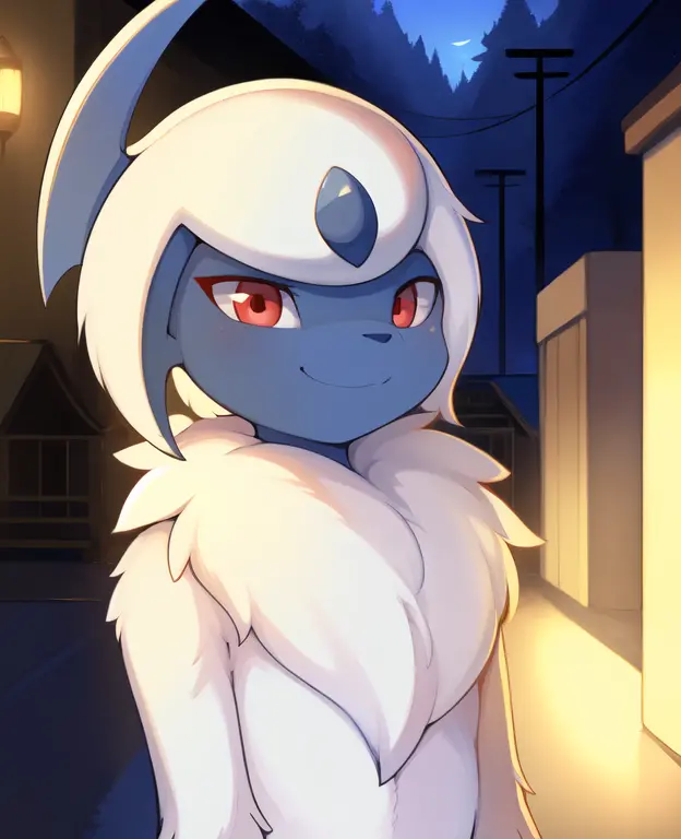 absol, pokemon, white fur, gray horn, red eyes, smiling, lovely, masterpiece, whole body,, , cinema lighting, by woolroll, crayo...