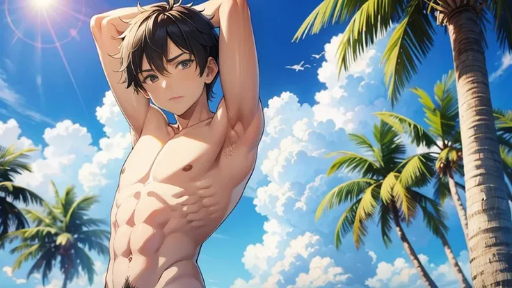 Anime style, summer sky, Into the cloud, 1boy, Little Boy, handsome boy, cute face, adorable boy, beach, coconut tree, Cheerful boy, body only, Shirtless, Topless, small breast, (show his armpit, focus on the armpit, shine closer to the armpit), boy focus