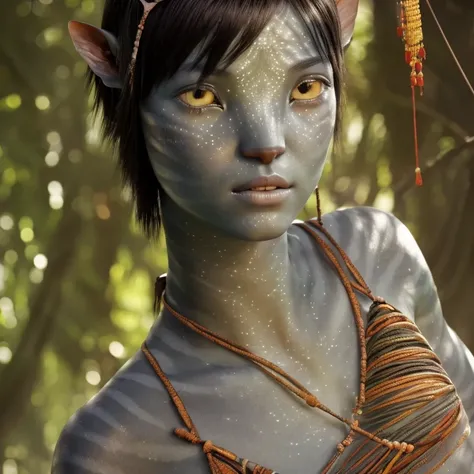 avtr:0.9, avatar style, portrait photo:1.6, 1girl, female, (asian, japanese), gray skin color:1.0, (gray skin tone:1.3), (short hair:1.0), black hair color, (teen), teenage, wearing tribal clothing, wearing a top, wearing a loincloth, detailed eyes, toned ...