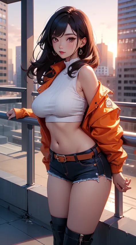 (masterpiece), high-definition, vibrant colors, korean girl, big boobs, big hips, messy dark purple hair, orange eyes, crop top sweater, jacket, shorts, belt, thong, thigh high stockings, boots, fishnet, balcony, leaning on the railing, sunset