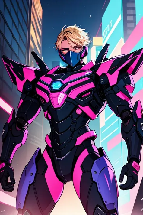 Pink and blue holographic colors,toon rendering,lens,best quality, masterpiece, actual,1 boy, beautiful ,Black armor,Mecha,cyberpunk,blonde hair,