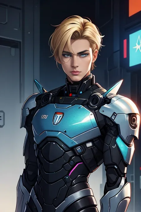 beautiful, detailed eyes, detailed lips, holographic colors, cartoon rendering, cinematic shot, best quality, masterpiece:1.2, realistic, 1 boy, black armor, mecha, cyberpunk, blonde hair