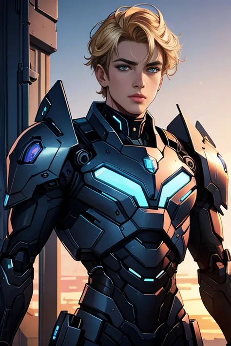 beautiful, detailed eyes, detailed lips, holographic colors, cartoon rendering, cinematic shot, best quality, masterpiece:1.2, realistic, 1 boy, black armor, mecha, cyberpunk, blonde hair