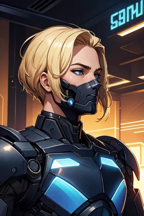 beautiful, detailed eyes, detailed lips, holographic colors, cartoon rendering, cinematic shot, best quality, masterpiece:1.2, realistic, 1 boy, black armor, mecha, cyberpunk, blonde hair