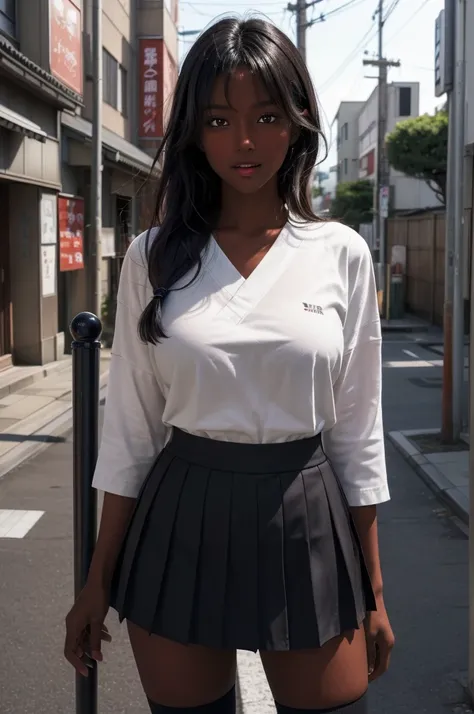 (8k ultra HD quality, best quality, art, high quality, perfect light, absurd, ultra detailed: 1.21, woman, alone, dark-skinned woman, black hair, dark skin, big breasts, sexy, Japanese school costume, portrait, black knee-high socks, sexy student, parted l...