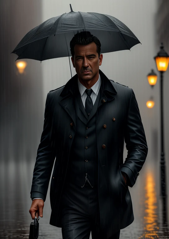 (best quality,4k,8k,highres,masterpiece:1.2),ultra-detailed,(realistic,photorealistic,photo-realistic:1.37),speed painting,portrait of a detective in the rain,after work,dark,rain,dark film,wallpaper,professional