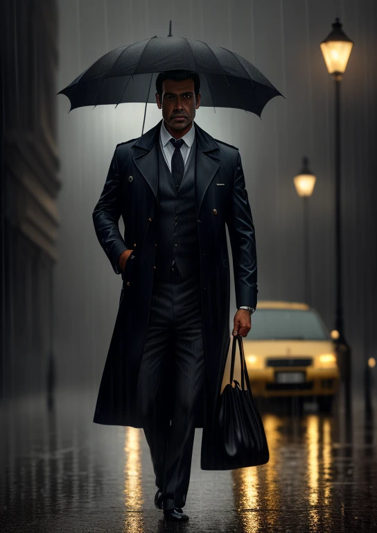 (best quality,4k,8k,highres,masterpiece:1.2),ultra-detailed,(realistic,photorealistic,photo-realistic:1.37),speed painting,portrait of a detective in the rain,after work,dark,rain,dark film,wallpaper,professional