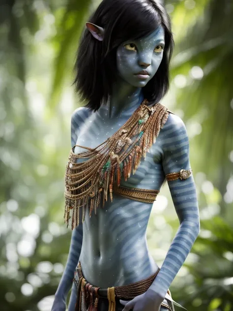 avtr:0.9, avatar style, from the waist up body photo:1.6, 1girl:1, female, (asian, japanese), gray skin color:1.0, (gray skin tone:1.3), (short hair:1.0), black hair color, (teen), teenage, wearing tribal clothing, wearing a top:1, wearing a loincloth, det...