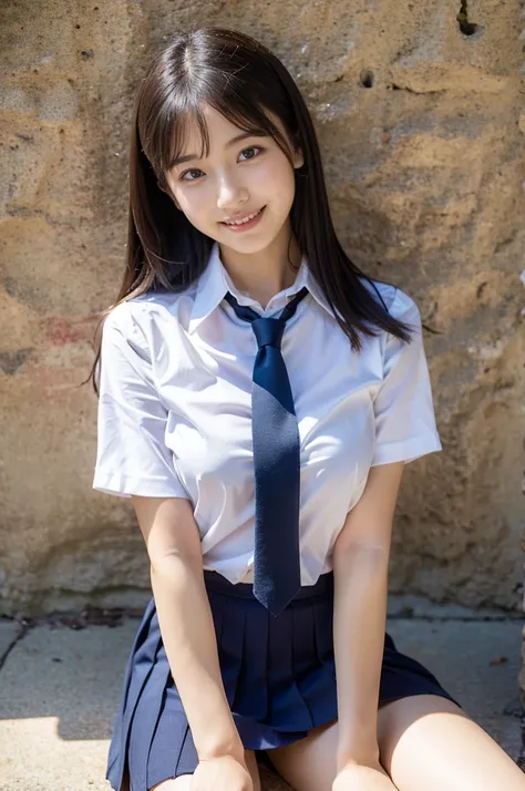 18 year old female、((school clothes))、white shirt、navy blue mini skirt、red tie、sitting、open your legs、Overlapping hands in front of you、smile、8K,Ultra high definition,highest quality,masterpiece,master piece,photorealistic,(1 girl:1.2),beautiful features,h...