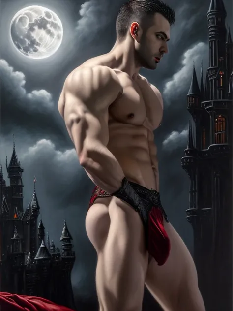 Side view, oil painting style, oil on canvas, night scene, homoerotic, gay art, handsome, (( Pale male vampire, nude, black castle)), dark castle, ancient Castle, ((Red Briefs, Big bulge)), full moon, masterpiece, high fantasy illustration, detailed, an oi...