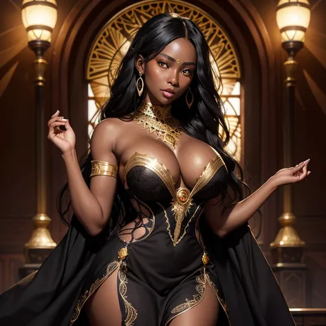 Illustrate a detailed and stunning portrait of a girl, long black hair, heterochromia eyes , wearing a fantasy themed lace black dress with golden trim, in a dynamic pose, large round perfect breast ,open cleavage,(( dark skin)), ((african)) 