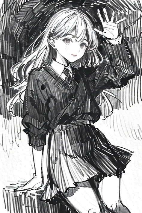 (best quality, masterpiece:1.2), monochromatic sketch, traditional media, pencil drawing, 1 girl, school uniform, joyful, waving