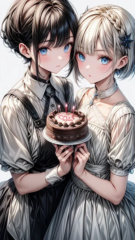 (masterpiece),{{detailed eyes}},{{2 girl}},1 girl with white bob cut hair and blue eyes,and 1 girl with pixie cut black hair and brown eyes,{{detailed eyes}},hold a birthday cake.