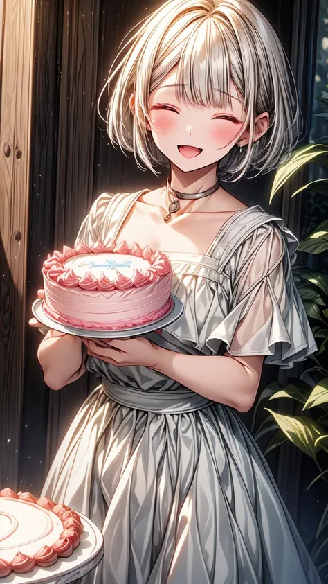 (masterpiece),1 girl with white bob cut hair and closed eyes,open mouth,slightly blush,happy,hold a birthday cake.