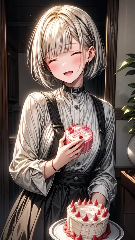 (masterpiece),1 girl with white bob cut hair and closed eyes,open mouth,slightly blush,happy,hold a birthday cake.