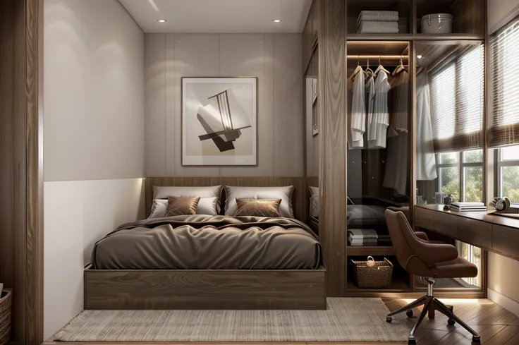 (modern style:1.2), To create a modern-style bedroom without a window, follow these interior design tips: use light colors for walls, bedding, and furniture; add statement lighting; use mirrors to reflect light and make the space feel open; incorporate low...