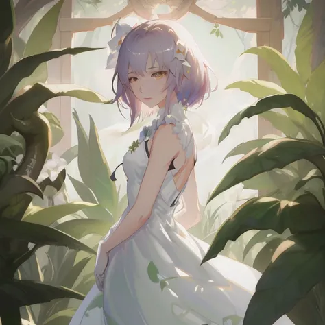 anime girl in a white dress standing in a garden with plants, loli in dress, makoto shinkai. digital render, guweiz on pixiv artstation, makoto shinkai art style, guweiz, made with anime painter studio, makoto, anime art wallpaper 8 k, guweiz on artstation...