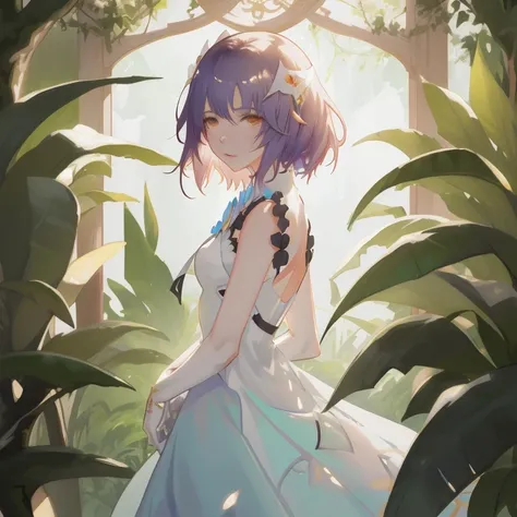 anime girl in a white dress standing in a garden with plants, loli in dress, makoto shinkai. digital render, guweiz on pixiv artstation, makoto shinkai art style, guweiz, made with anime painter studio, makoto, anime art wallpaper 8 k, guweiz on artstation...