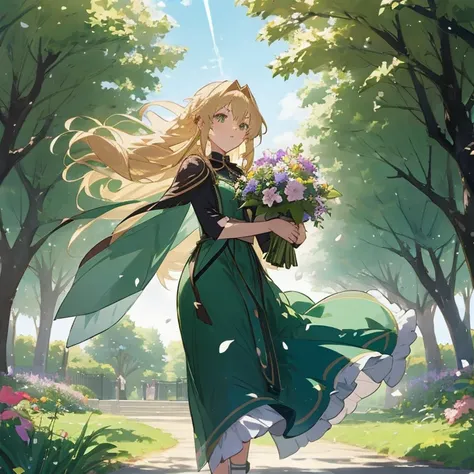 anime girl with long hair and green dress walking in park, loli in dress, blonde - haired princess, violet evergarden, blonde anime girl with long hair, the emerald herald in the garden, carrying flowers, official art, official anime artwork, cushart krenz...