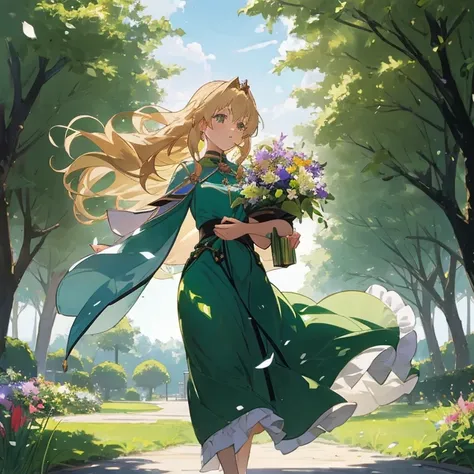 anime girl with long hair and green dress walking in park, loli in dress, blonde - haired princess, violet evergarden, blonde anime girl with long hair, the emerald herald in the garden, carrying flowers, official art, official anime artwork, cushart krenz...