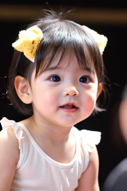 3 years old girl ,  short hair, Close-up shot facing the audience.Chinese three-year-old baby，Meaty cheeks，large black eyes，Cute