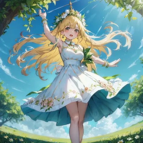 a woman in a white dress is standing in a field, loli in dress, cute anime waifu in a nice dress, splash art anime loli, goddess...