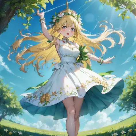 a woman in a white dress is standing in a field, loli in dress, cute anime waifu in a nice dress, splash art anime loli, goddess...