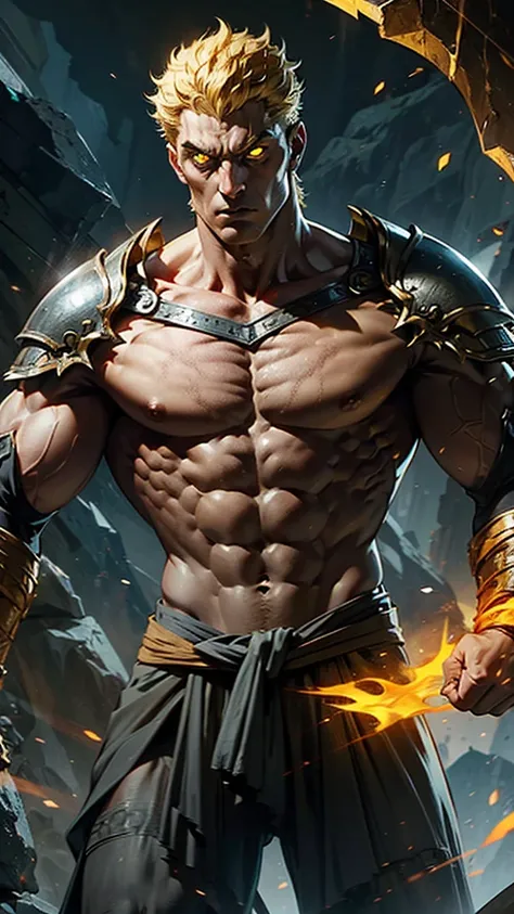 Man with very bright yellow eyes and burning body with closed fists and large arms and stone skin very furious with serious pose and arcane stone armor with stone scales and male shoulders fire and blazes and gray background