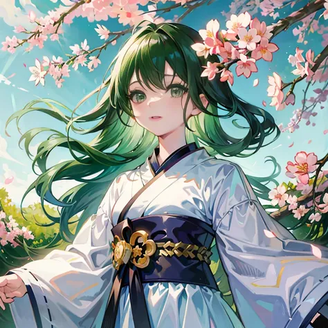 anime girl with green hair and white dress standing in front of a tree, inspired by Nishikawa Sukenobu, official artwork, anime style 4 k, beautiful anime portrait, best anime 4k konachan wallpaper, sakura petals around her, official art, anime visual of a...