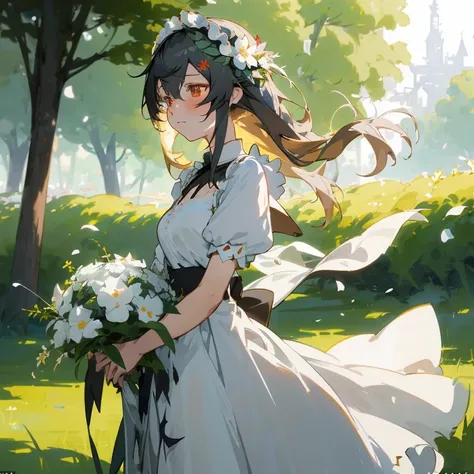 anime girl in a white dress with flowers in her hair, cute anime waifu in a nice dress, guweiz on pixiv artstation, beautiful maiden, guweiz, from girls frontline, guweiz on artstation pixiv, a maid in a magical forest, fine details. girls frontline, artwo...