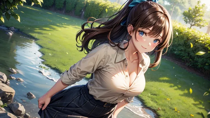 1girl, full body, solo, flowers, trees, brown hair, curly hair, long hair, ponytail, large breasts, button down shirt, cleavage 1:3, ((brown green shirt)), ((unbuttoned shirt)), ((short sleeved shirt)), blue eyes, skirt, smile, looking at the viewer, ((sta...