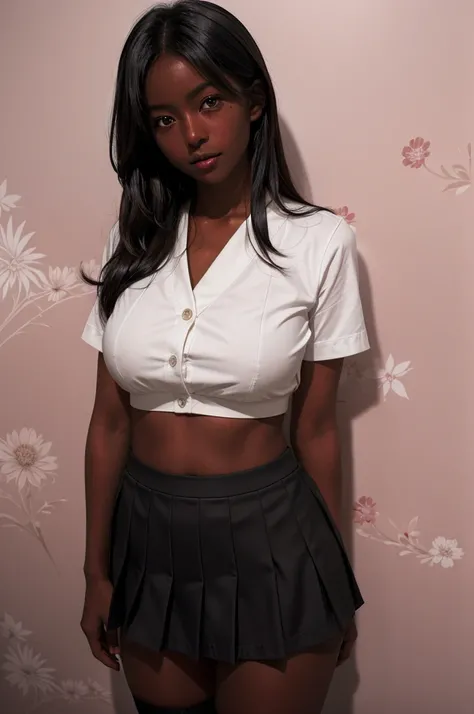 (8k ultra HD quality, best quality, art, high quality, perfect light, absurd, ultra detailed: 1.21, woman, alone, dark-skinned woman, black hair, dark skin, big breasts, sexy, Japanese school costume, portrait, black knee-high socks, sexy student, parted l...