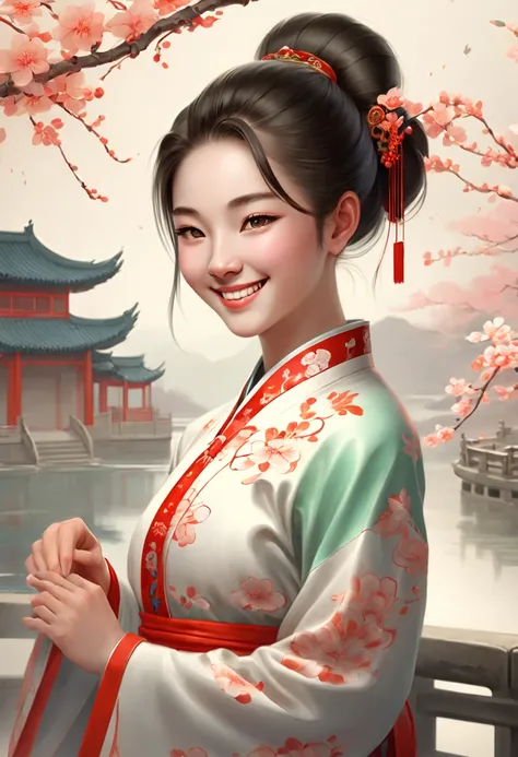 smile lady, 22yo, spring, chinese style, (best quality, masterpiece, Representative work, official art, Professional, 8k)