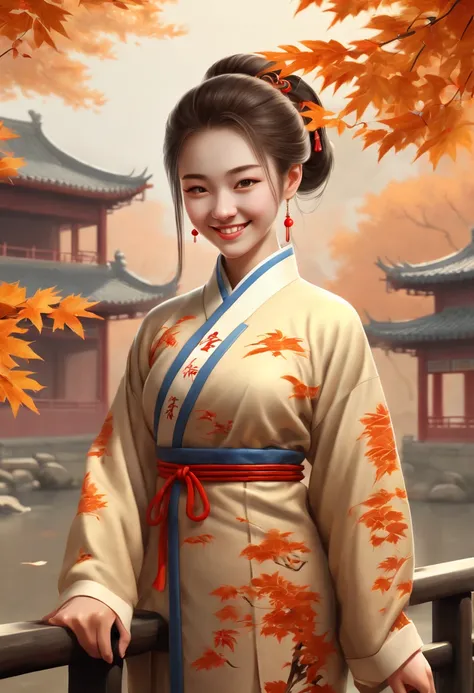 smile lady, 22yo, autumn, chinese style, (best quality, masterpiece, Representative work, official art, Professional, 8k)